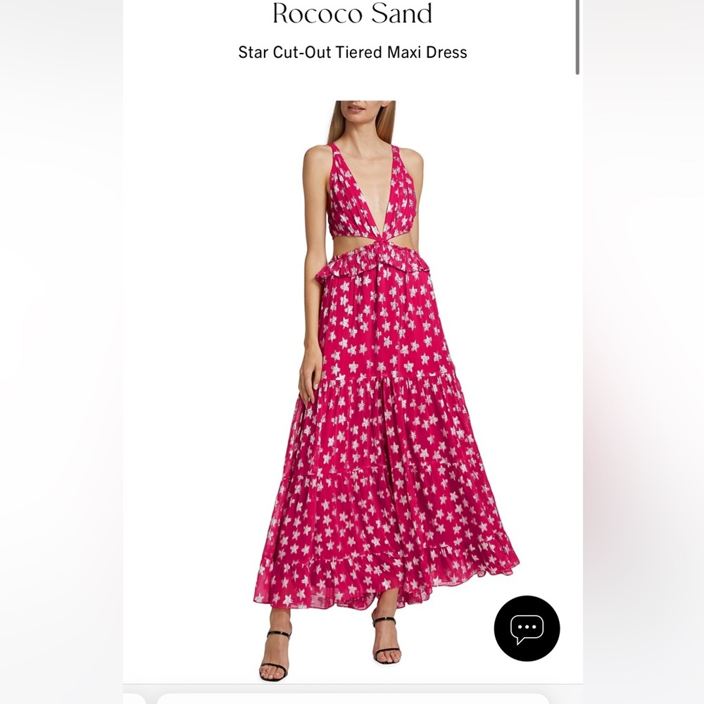 V-neck maxi dress w/ shimmering star motif. Open back